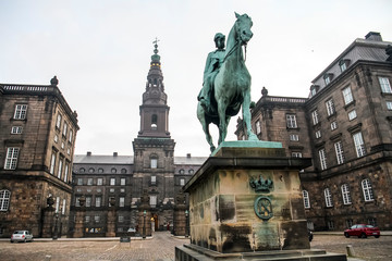 Equestrian statue of King Christian IX near Christiansborg Palace in Copenhagen, Denmark. February 2020