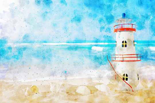 abstract watercolor style image of nautical concept with lighthouse