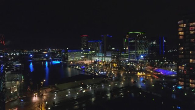 Manchester Media City at night aerial shot