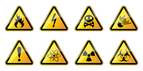 Set of triangular danger symbols. Hazard signs.