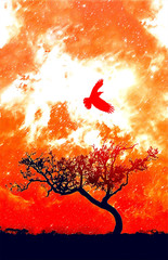 Ebook cover template - Lone tree silhouette with bird in flight with glowing orange galaxy stars...