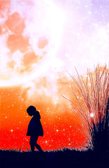 Fantasy book cover template - Little girl silhouette and beach grass at sunset with stars and huge planet in the sky - digital illustration. Elements of this image are furnished by NASA