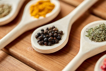 food, culinary and unhealthy eating concept - spoons with different spices on wooden table