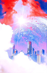 Futuristic scene for science fiction novel book cover - beautiful white clouds reveal skyscrapers and alien planet digital illustration. Elements of this image are furnished by NASA