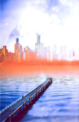Science fiction book cover design. Alien planet landscape - pier stretching into the ocean at sunset with skyscrapers and planet digital illustration. Elements of this image are furnished by NASA