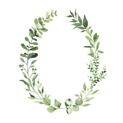 Watercolor oval wreath with greenery leaves branch twig plant herb flora isolated on white background. Botanical spring summer leaf decorative illustration for wedding invitation card