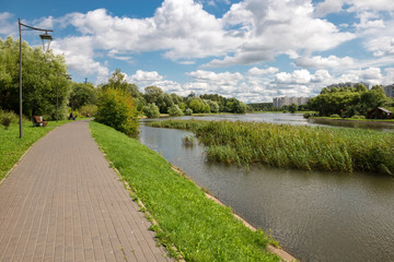 Walking path along the lake in the city park