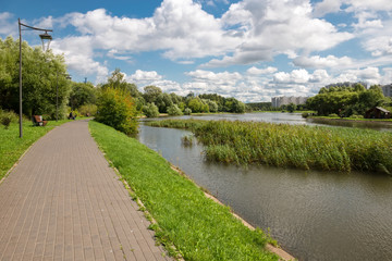 Walking path along the lake in the city park