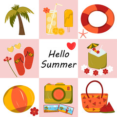 Summer logos, hand drawn tags and elements set for summer holiday, travel, beach, Vector illustration.