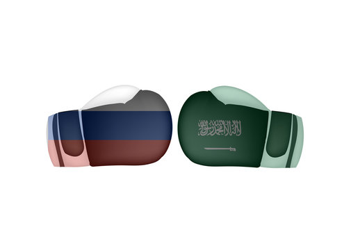 Russia VS Saudi Arabia Conflict, Boxing Gloves With Russia And  The Kingdom Of Saudi Arabia Flag, Boxing Battle Concept, Oil Trading Sign Symbol Background, Vector Illustration.