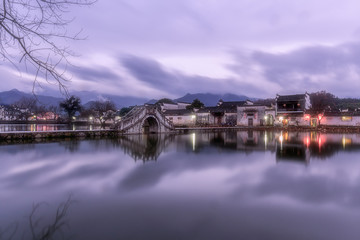 Fototapeta na wymiar Landscapes in Hongcun village at dusk in winter, an ancient Chinese village in Anhui Provence, China