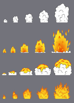 Animation of explosion effect in cartoon comic style. Cartoon explosion effect with smoke for game. Sprite sheet for cartoon fire explosion, flash game effect animation