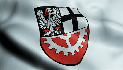 3D Waving Germany City Coat of Arms Flag of Hurth Closeup View