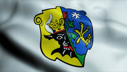 3D Waving Germany City Coat of Arms Flag of Ludwigslust Closeup View