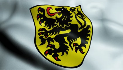 Foto op Plexiglas 3D Waving Germany City Coat of Arms Flag of Leonberg Closeup View © Ahmed