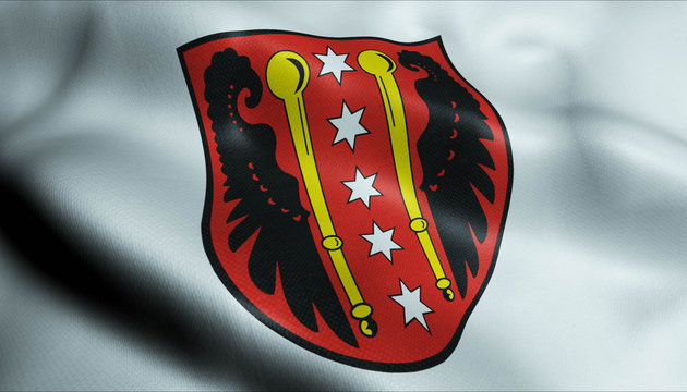 3D Waving Germany City Coat of Arms Flag of Loitz Closeup View