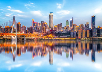 Night view and beautiful skyline of Chongqing urban architecture..