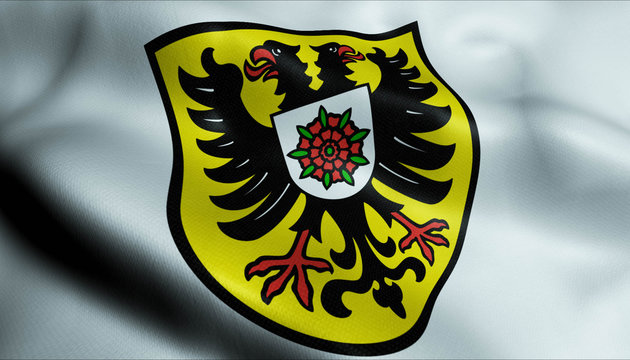 3D Waving Germany City Coat of Arms Flag of Kraichtal Closeup View