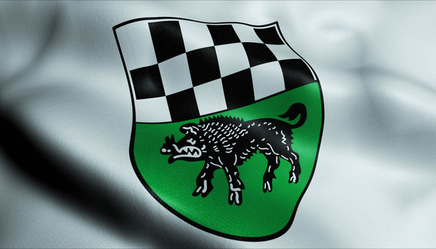 3D Waving Germany City Coat of Arms Flag of Kirchheimbolanden Closeup View