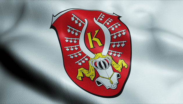 3D Waving Germany City Coat of Arms Flag of Kirchhain Closeup View