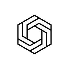Icono lineal hexágono tridimensional en perspectiva imposible en color negro