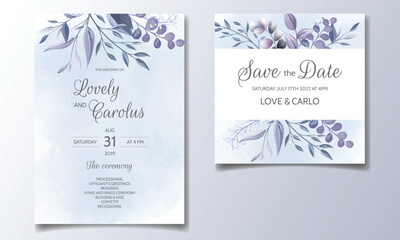 Set of wedding invitation cards with blue floral and leaves template design