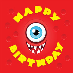  Happy Birthday. Illustrations of a smiling monster face in cartoon style. Vector 8 EPS.