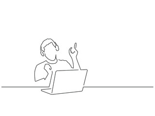 Man using a laptop isolated line drawing, vector illustration design. Technology collection.