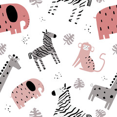 Vector seamless repeating color hand-drawn children pattern with african animals in scandinavian style on a white background. Seamless pattern with elephant, zebra, giraffe, monkey and monstera leaf.