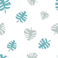 Fototapeta na wymiar Vector seamless repeat color had drawn simple pattern with green monstera leaves. Exotic plant silhouettes on white background. Flat vector illustration.