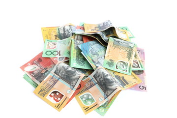 Obraz na płótnie Canvas Isolated group of colorful australian money banknote dollar (AUD) pile on white background