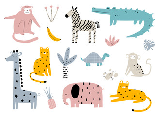 Vektor handgezeichnete farbige Kinder einfaches Set mit süßen afrikanischen Tieren und Pflanzen im skandinavischen Stil auf weißem Hintergrund. Elefant, Leopard, Schildkröte, Zebra, Affe, Krokodil. Cartoon-Tiere.