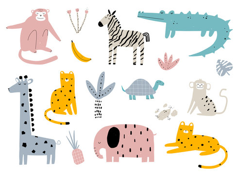 Vector hand-drawn colored children's simple set with cute african animals and plants in scandinavian style on a white background. Elephant, leopard, turtle, zebra, monkey, crocodile. Cartoon animals.