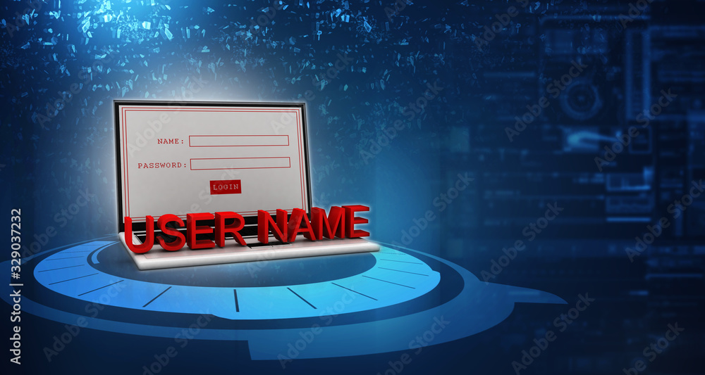 Poster 3d rendering laptop with username text