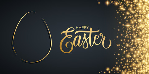 Happy Easter celebrate banner with gold easter egg, hand lettering text design and golden glittering sparks. Luxury holiday background. Vector illustration.