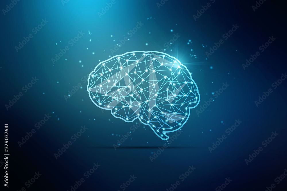Poster 2d illustration concept of thinking, background with brain, abstract artificial intelligence. techno