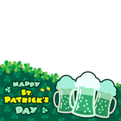 St. Patrick's Day backdrop. Illustration of three pints of green beer on background of clover leaves. Blank space for your   text included. Vector 8 EPS.