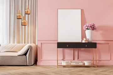 Modern classic pink interior with dresser, console, sofa, furniture, lamp, flower, gifts, frame, picture. 3d render illustration mock up.