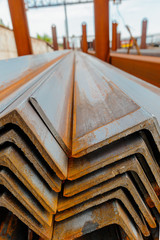Metal profile angle in packs at the warehouse of metal products