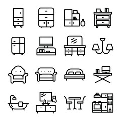 Home furniture, interior decor elements linear icons set. Apartment furnishing symbols pack. Living room, bedroom, kitchen and bathroom attributes. Bookcase, bed, oven and bath thin line illustrations
