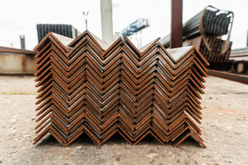 Metal profile angle in packs at the warehouse of metal products