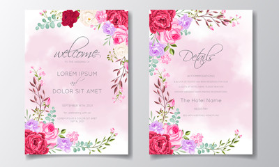 Fototapeta na wymiar Wedding invitation card template set with beautiful floral leaves