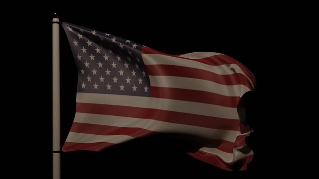 American flag on pole waving in the wind, pitch black background and moody look. 3D rendering / animation.