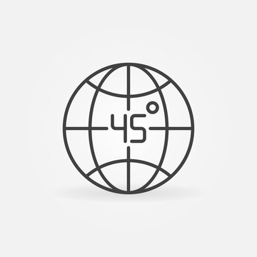 Earth globe and 45 degrees angle sign - vector outline icon or symbol