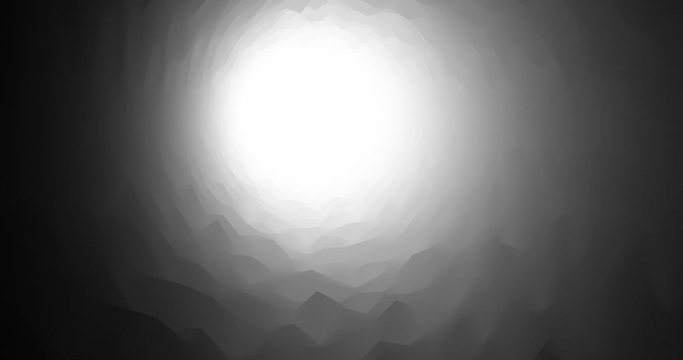 Tunnel cave in black and white with spikes and light at end. Seamless loop 3D animation footage moving in a cave with fog and light. Light at the end of a tunnel hope and fear.