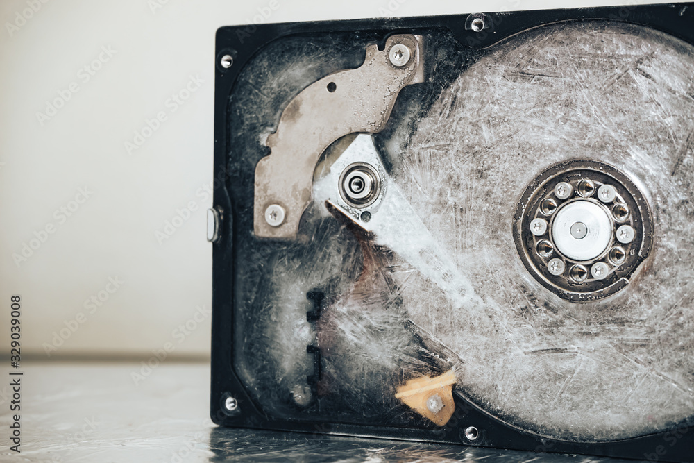 Poster beautiful open detail frozen hard disk. concept protection information or save user data.