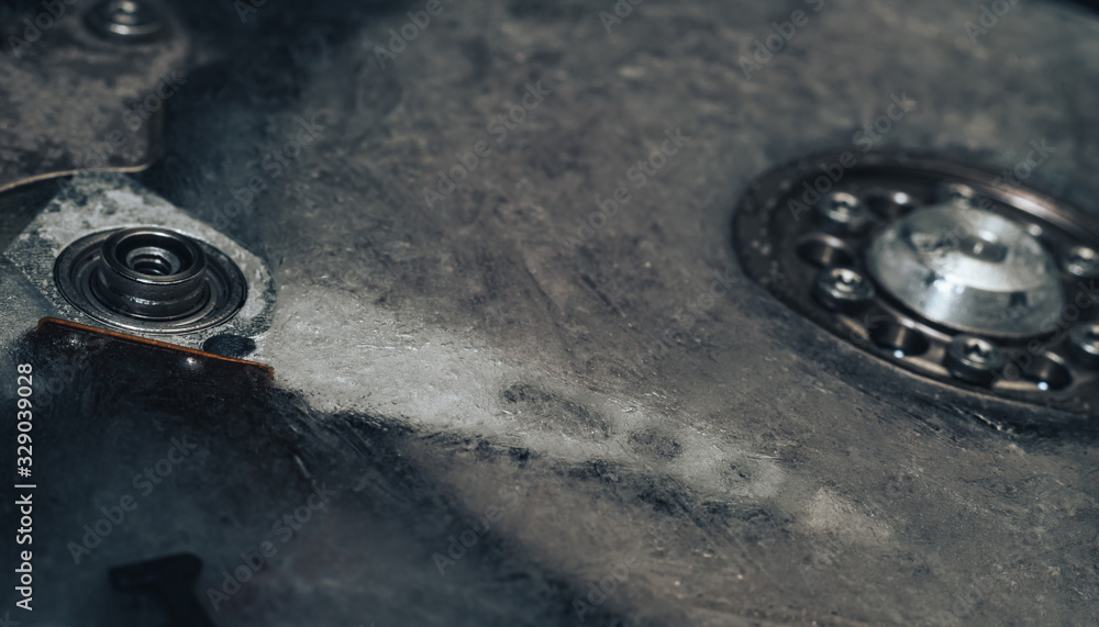 Poster close up beautiful open detail frozen hard disk. concept protection information or save user data.