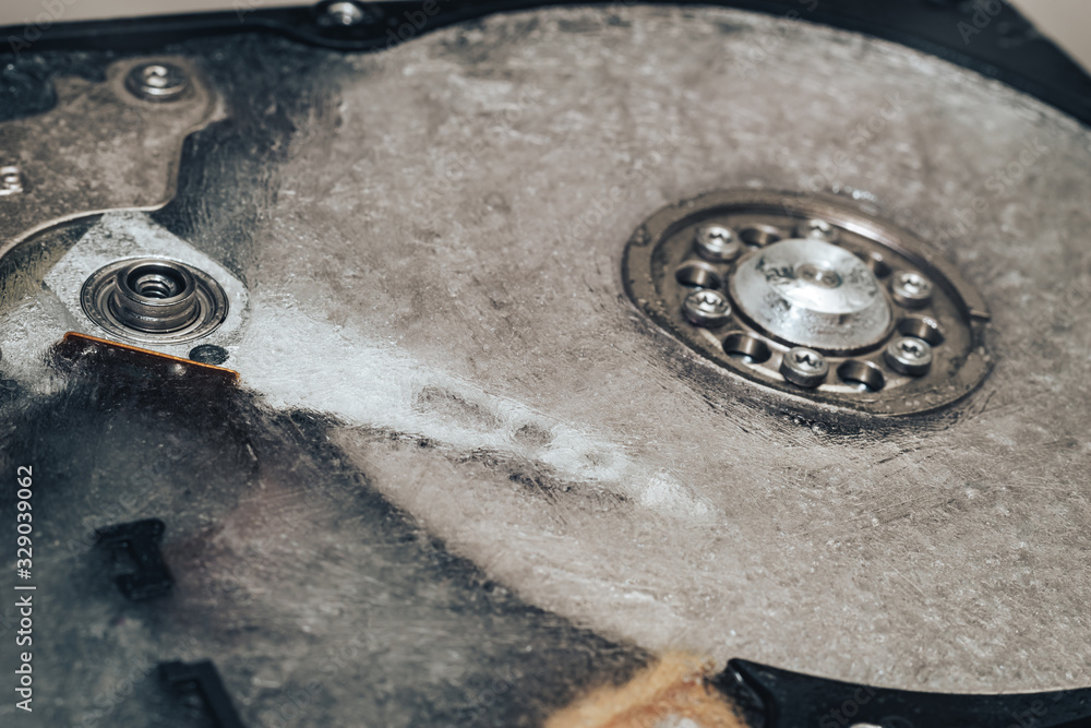 Poster close up beautiful open detail frozen hard disk. concept protection information or save user data.