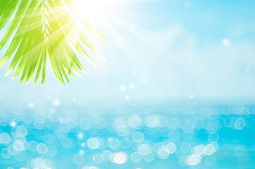 Blur beautiful nature green palm leaf on tropical beach with bokeh sun light wave abstract...