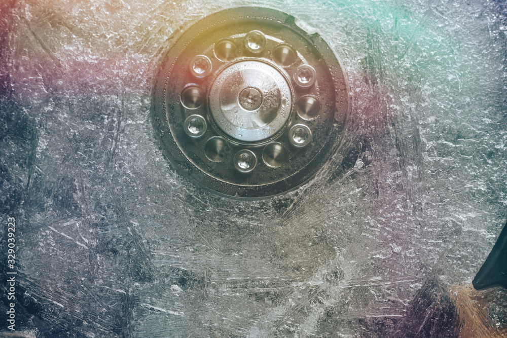 Poster close up beautiful open detail frozen hard disk. concept protection information or save user data.